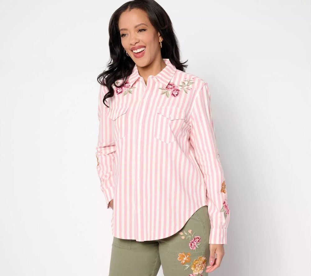 Driftwood $148 Laura Portofino Stripe Embroidered Button Down Shirt XL NWT